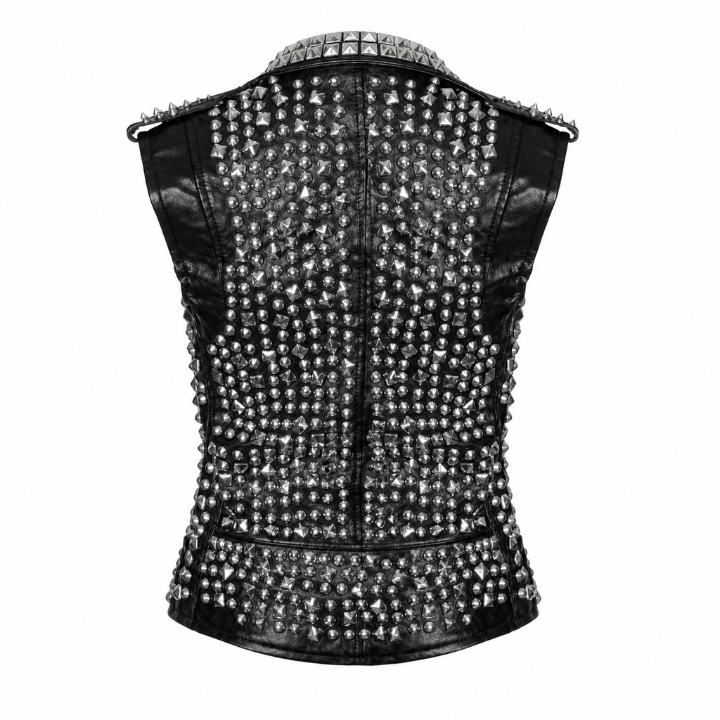 Men’s Studded Leather Vest with Silver Studs & Zipper Pockets