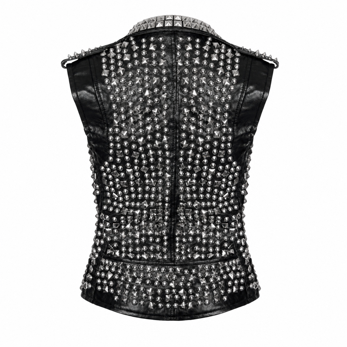 Men’s Studded Leather Vest with Silver Studs & Zipper Pockets
