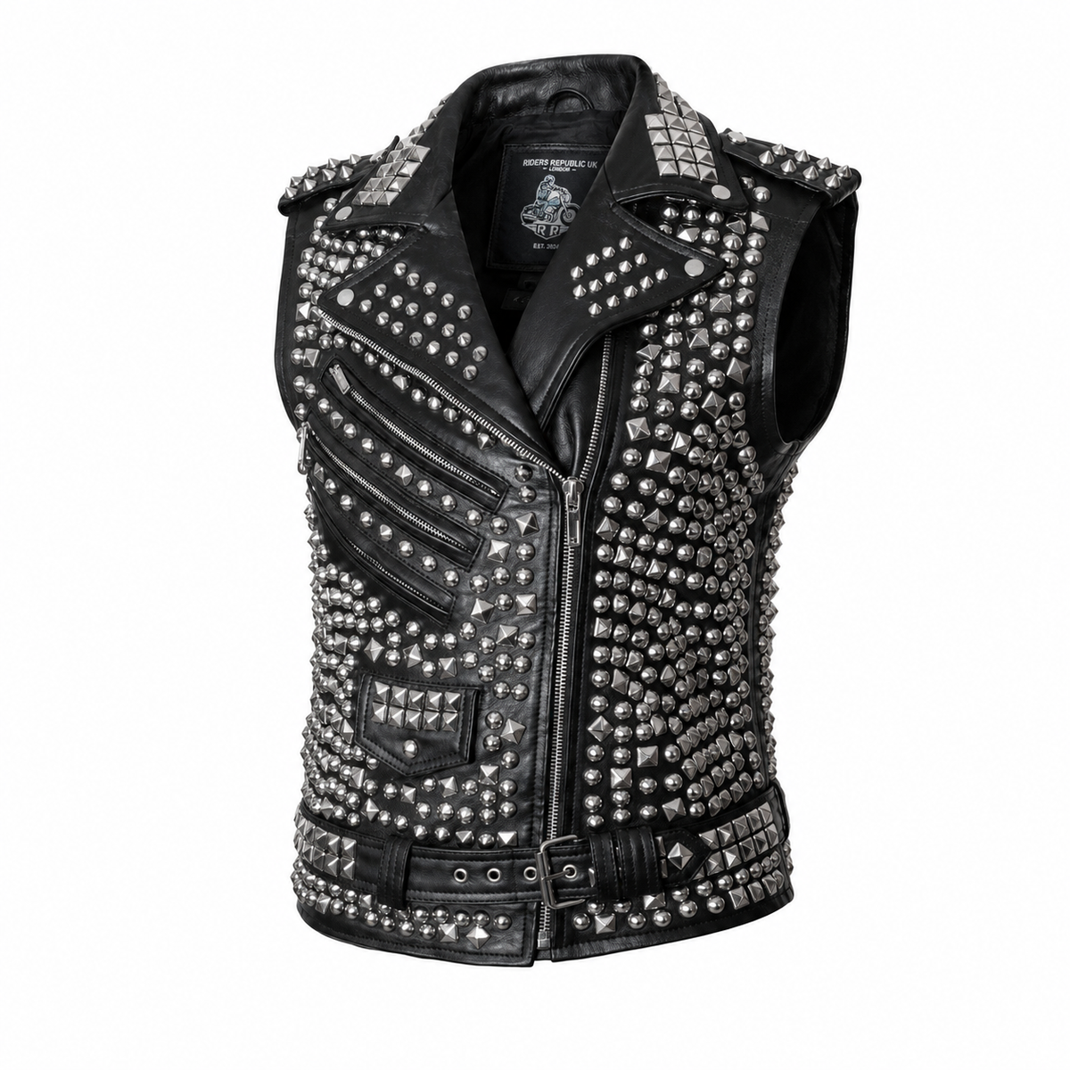 Men’s Studded Leather Vest with Silver Studs & Zipper Pockets