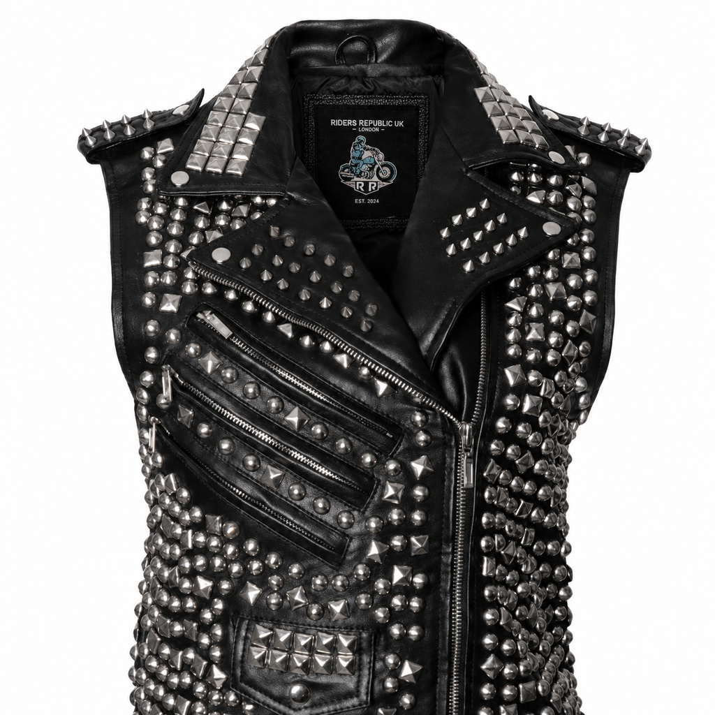 Men’s Studded Leather Vest with Silver Studs & Zipper Pockets