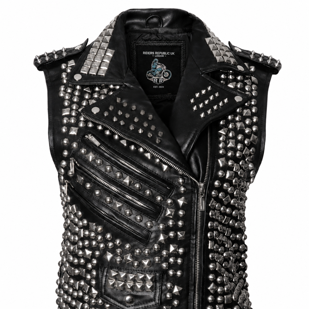 Men’s Studded Leather Vest with Silver Studs & Zipper Pockets