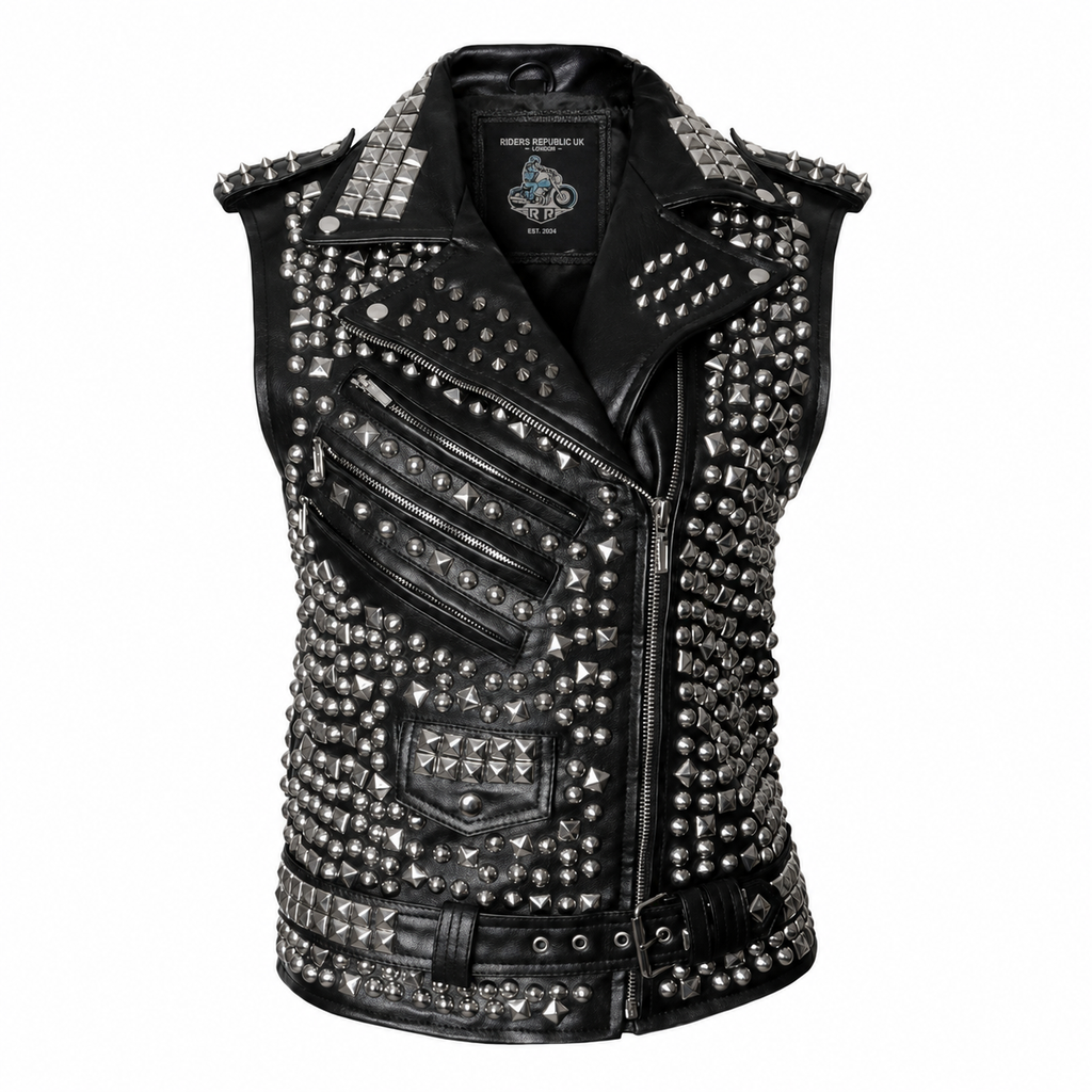 Men’s Studded Leather Vest with Silver Studs & Zipper Pockets