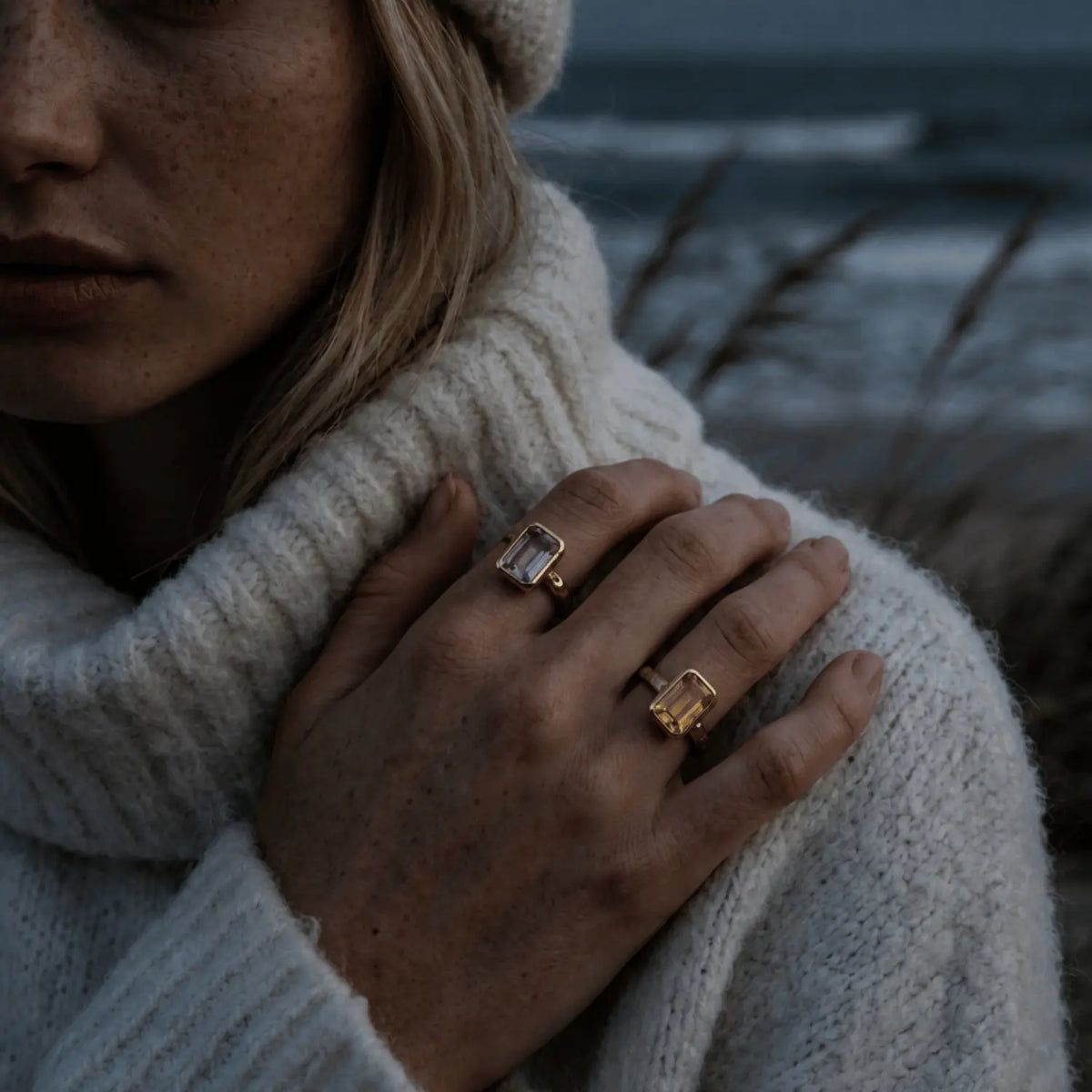 Tidewashed Citrine Ring - Octagonal Citrine & Hammered Band