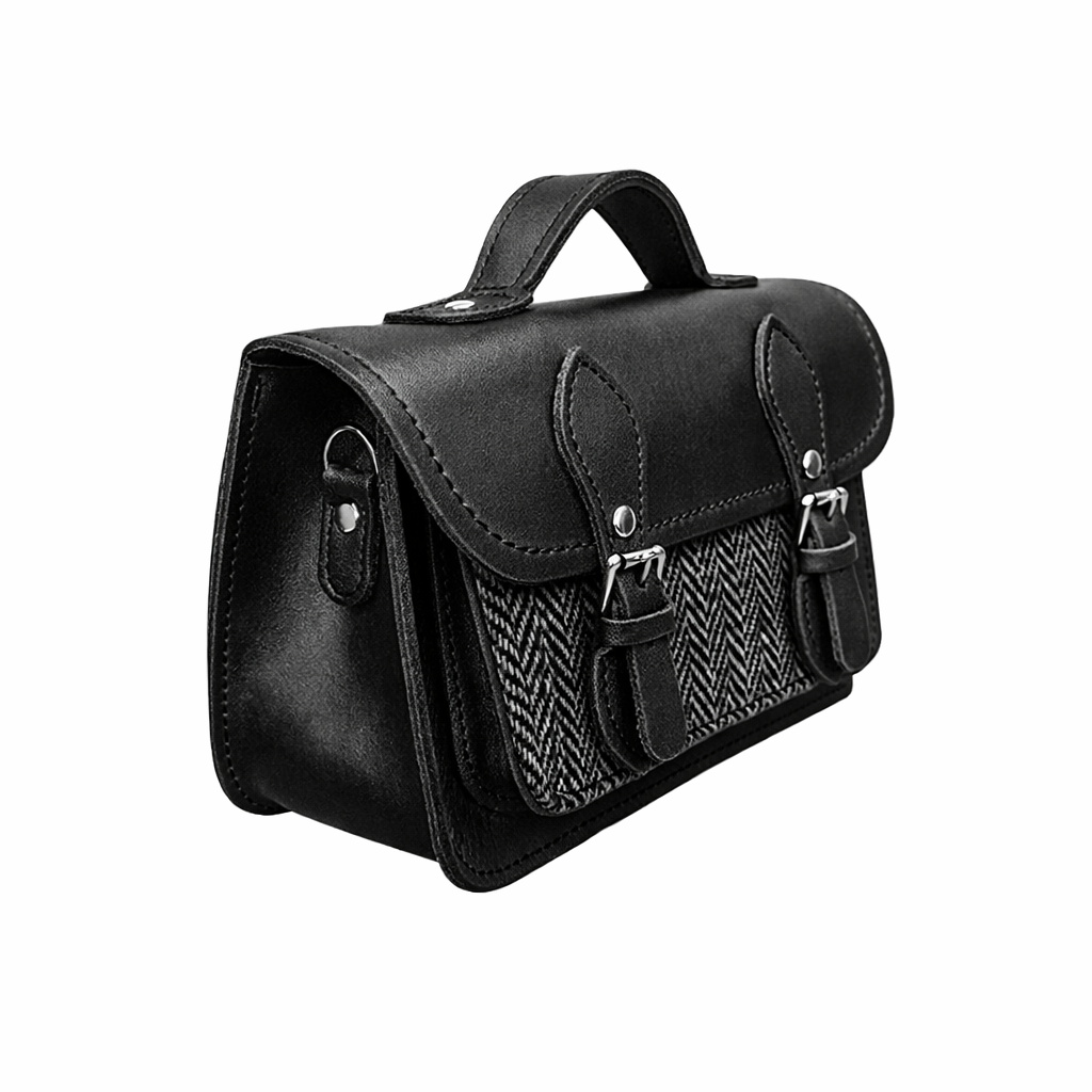 Handmade Tannery Leather and Tweed Cross Body Micro Satchel Plus - Black