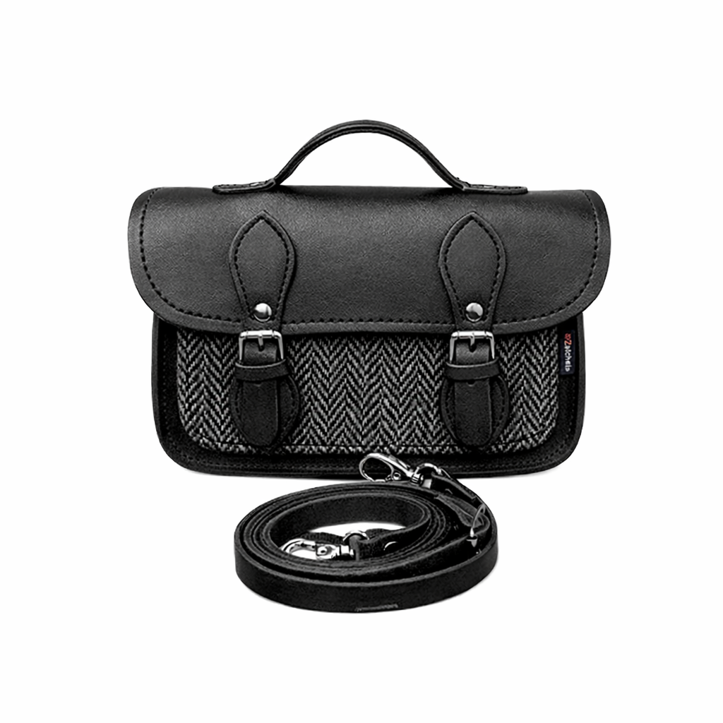 Handmade Tannery Leather and Tweed Cross Body Micro Satchel Plus - Black