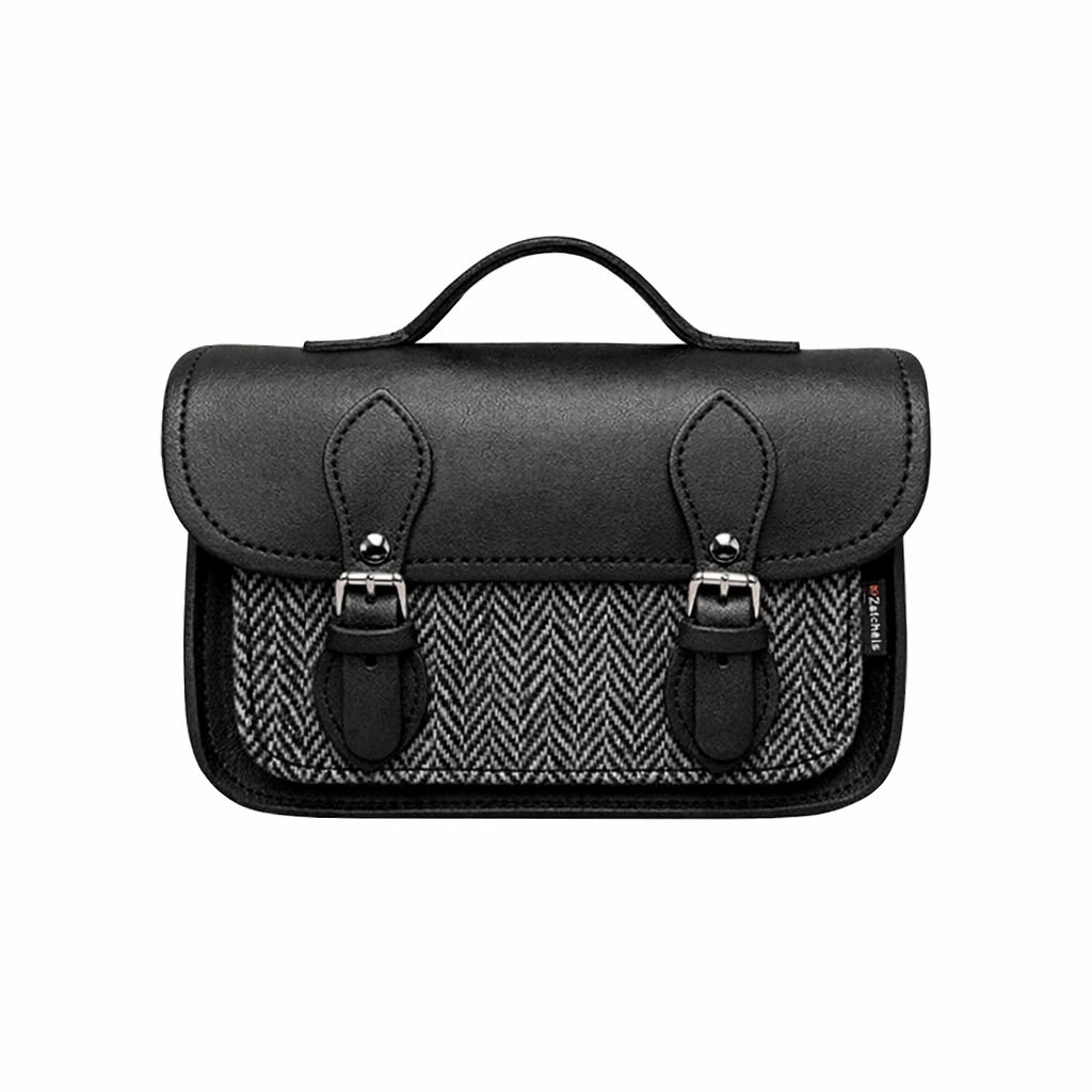 Handmade Tannery Leather and Tweed Cross Body Micro Satchel Plus - Black
