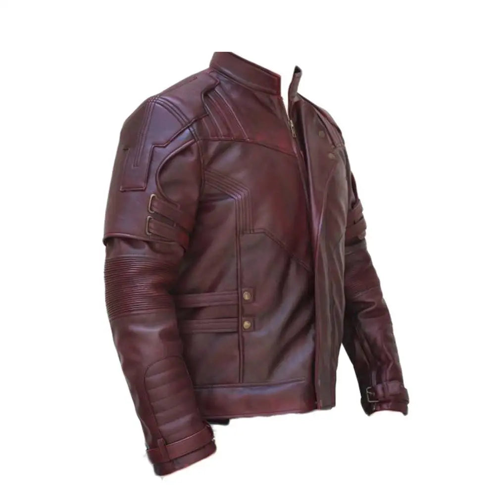 Men’s Burgundy Lapel Striped Military Leather Jacket