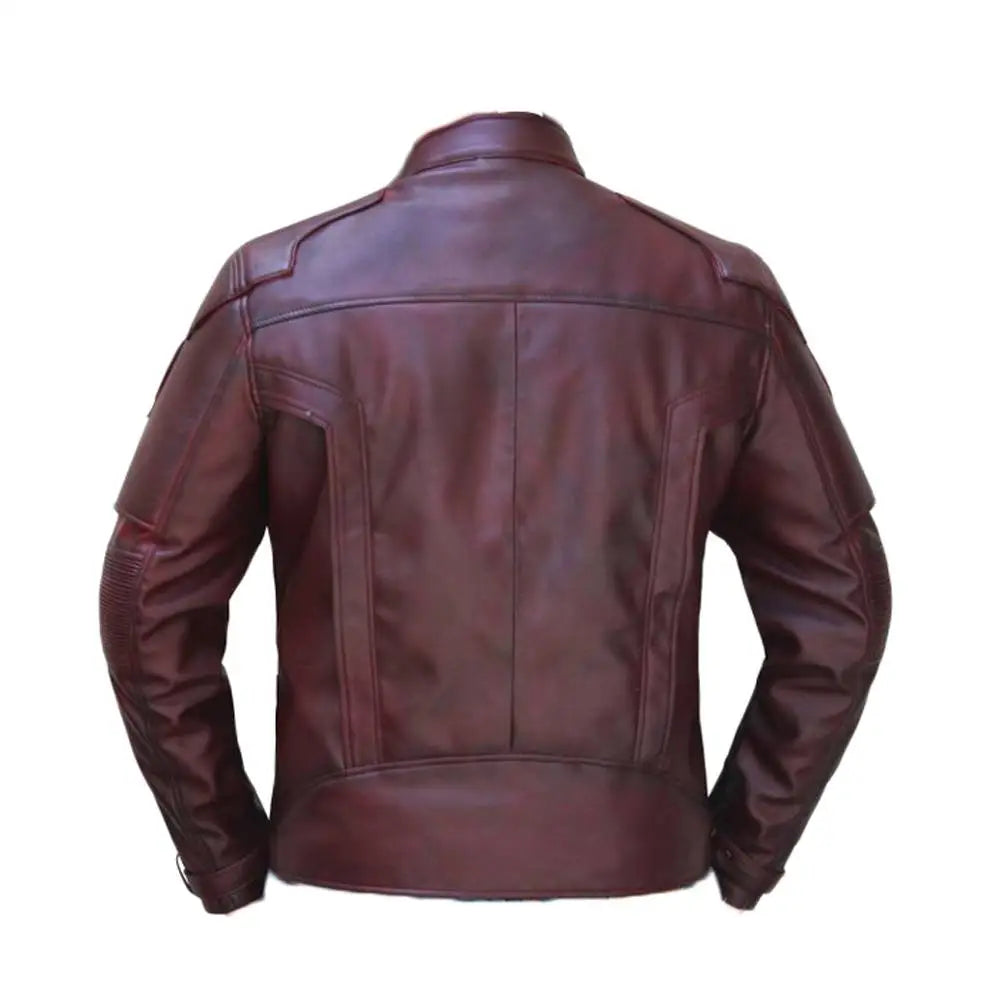 Men’s Burgundy Lapel Striped Military Leather Jacket