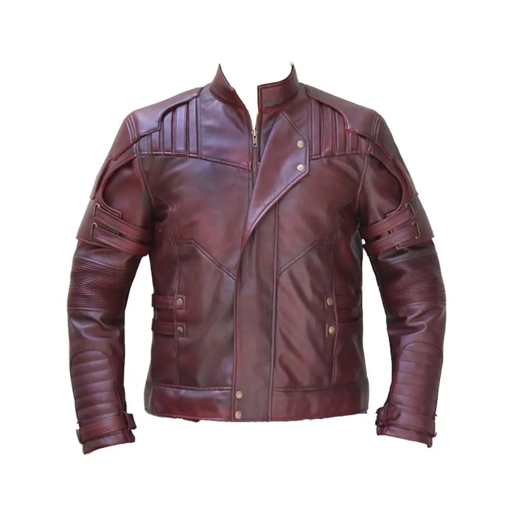 Men’s Burgundy Lapel Striped Military Leather Jacket