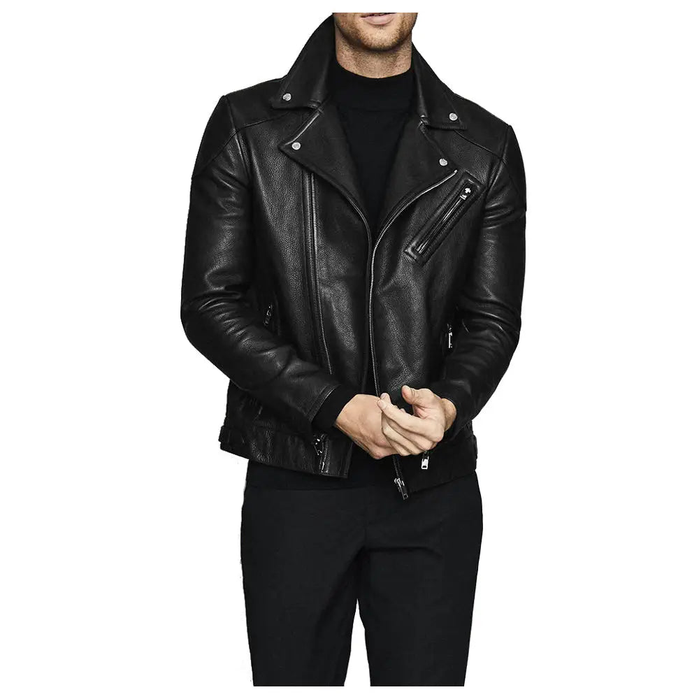 Men’s Fashion Biker Jacket with Three Zippered Pockets Leather