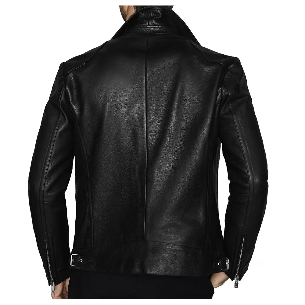 Men’s Fashion Biker Jacket with Three Zippered Pockets Leather