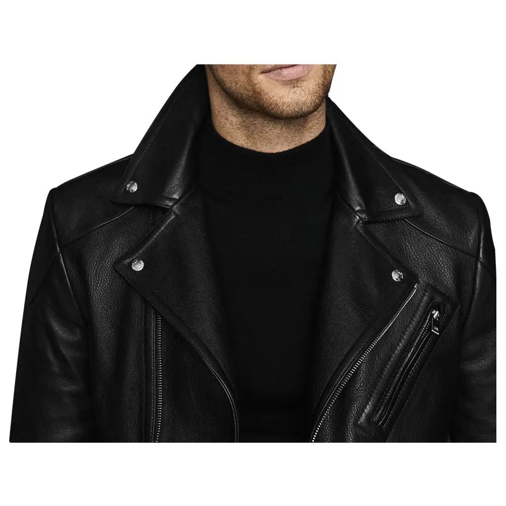 Men’s Fashion Biker Jacket with Three Zippered Pockets Leather