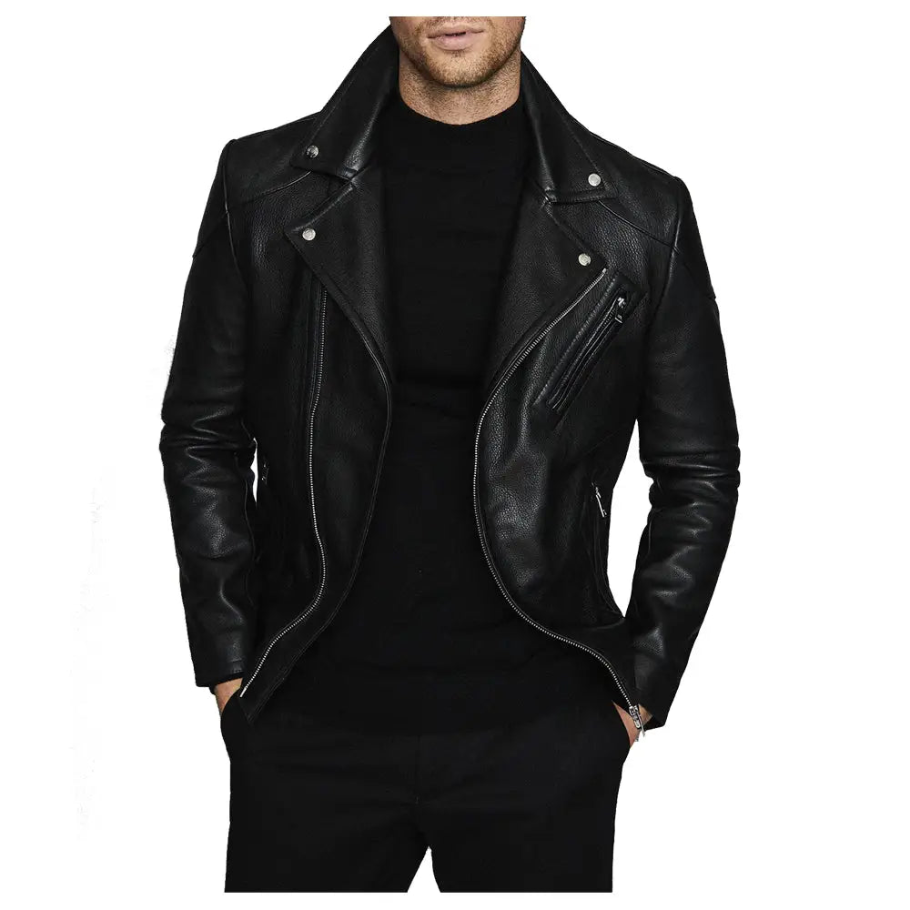 Men’s Fashion Biker Jacket with Three Zippered Pockets Leather