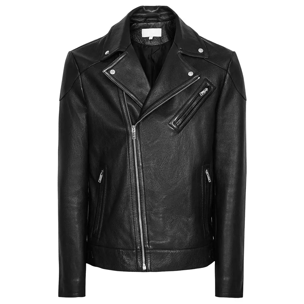 Men’s Fashion Biker Jacket with Three Zippered Pockets Leather