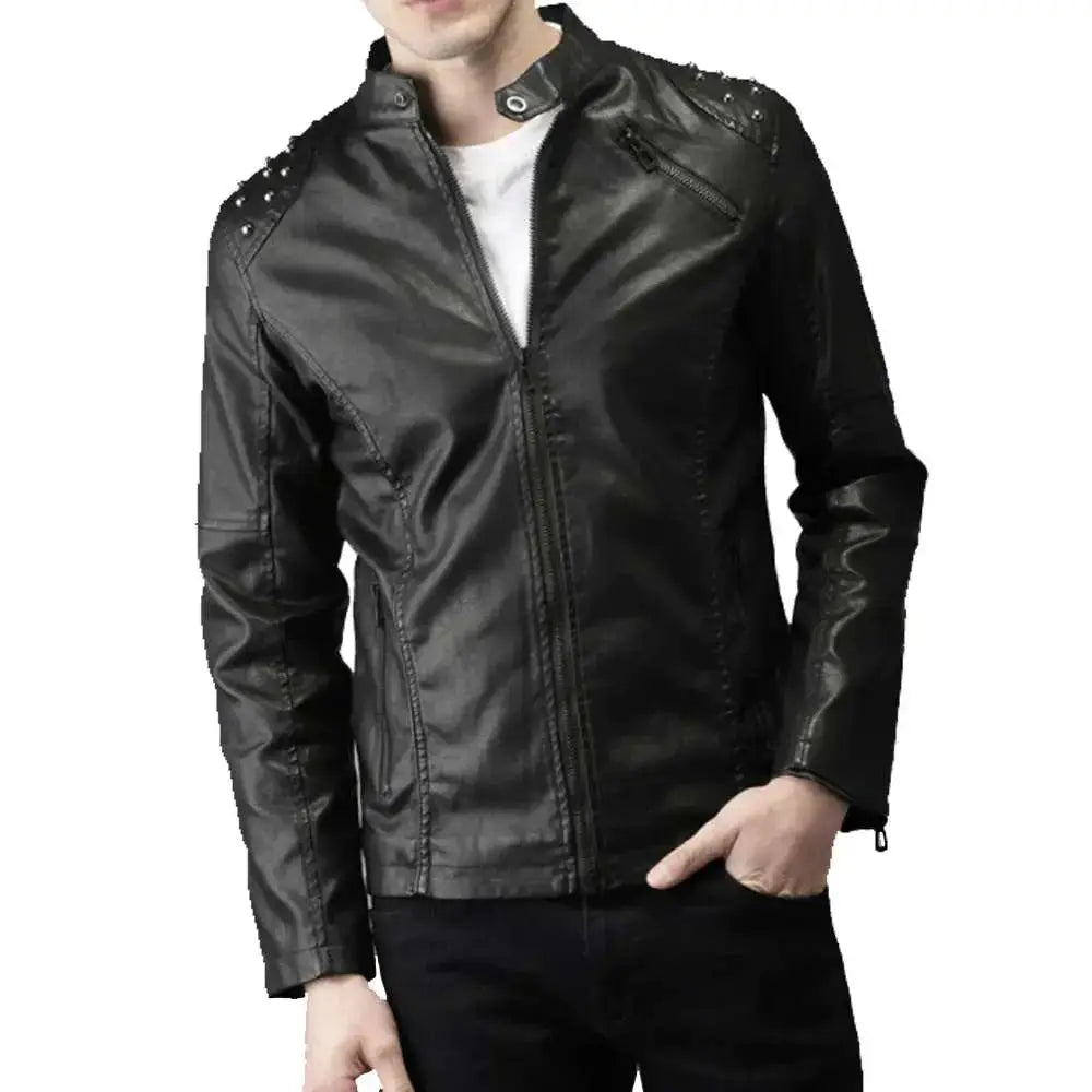 Men’s Studded Biker Tab Collar Leather Jacket