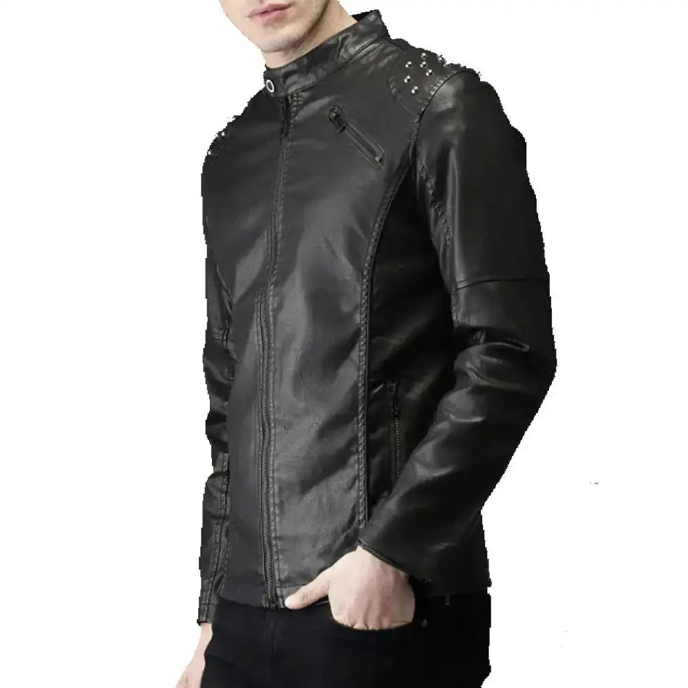 Men’s Studded Biker Tab Collar Leather Jacket