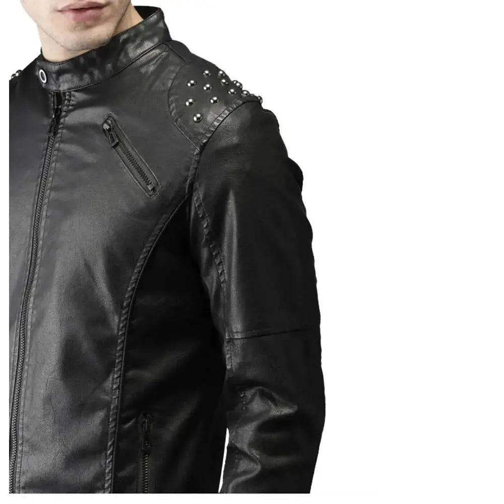 Men’s Studded Biker Tab Collar Leather Jacket
