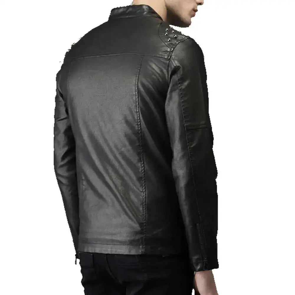 Men’s Studded Biker Tab Collar Leather Jacket