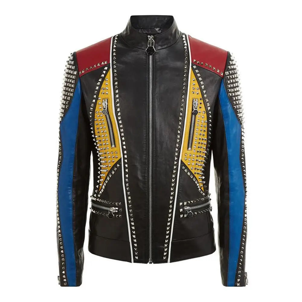 Men’s Handmade Multicolor Studded Leather Jacket