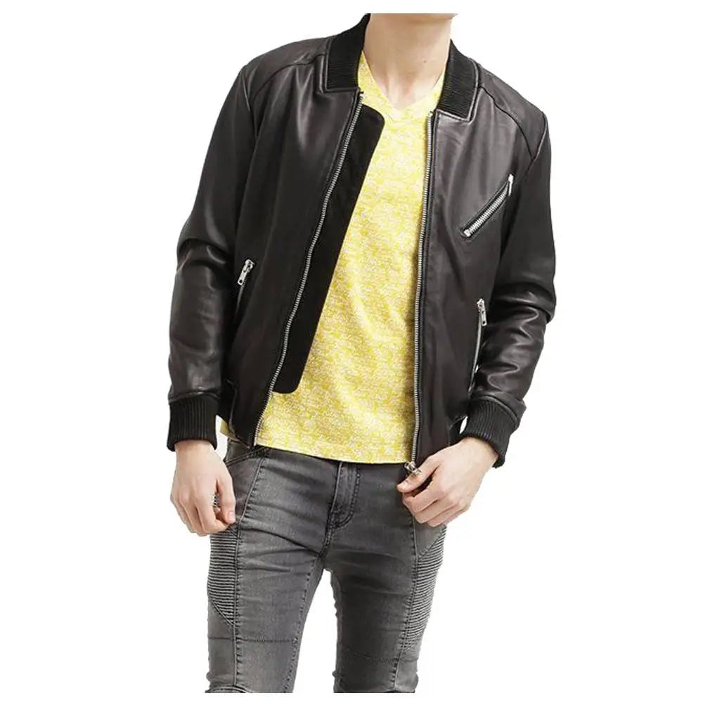 Men’s Black Leather Bomber Jacket