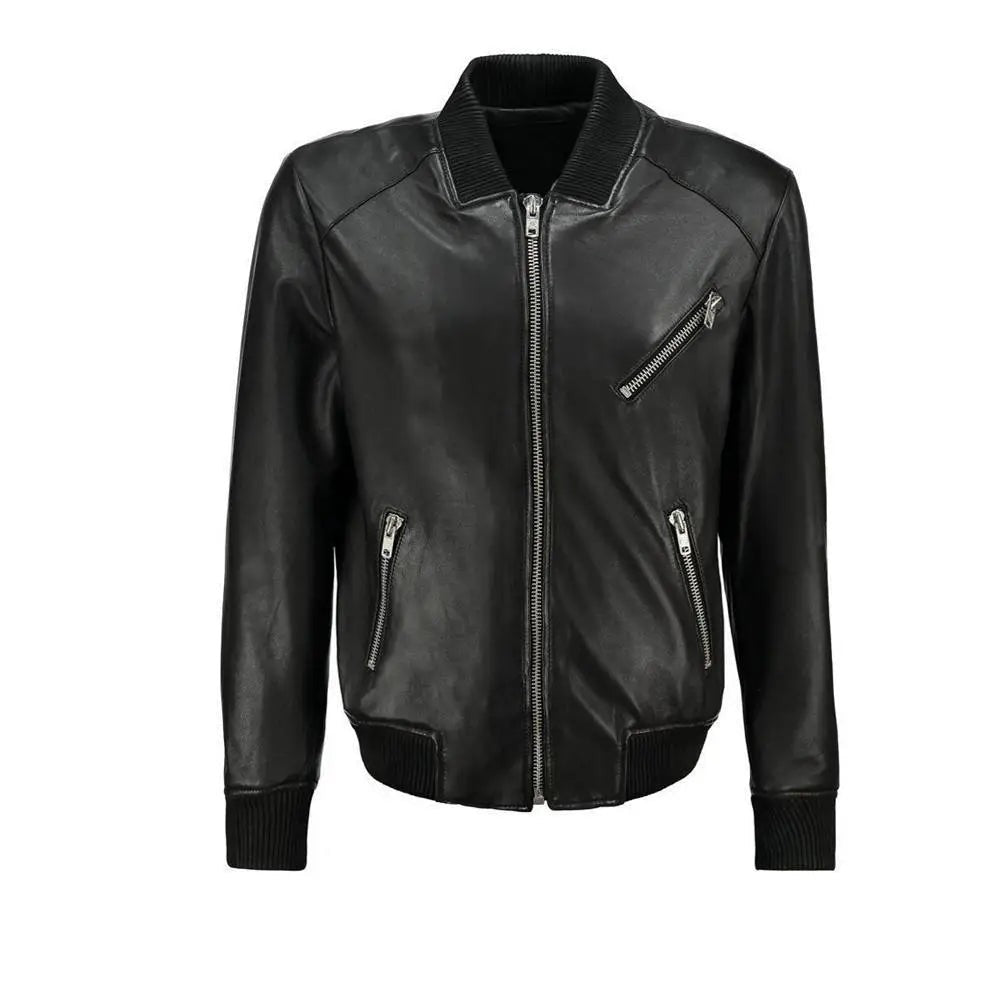 Men’s Black Leather Bomber Jacket