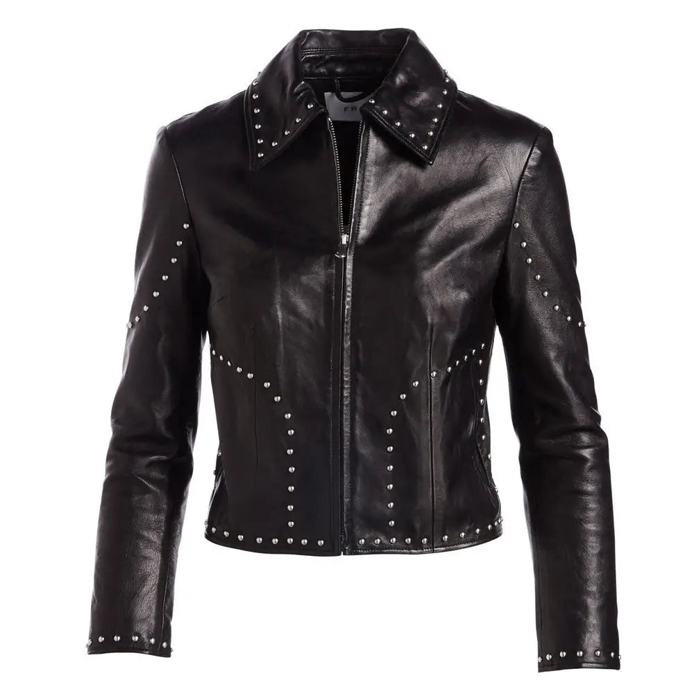 Women’s Cropped Studded Leather Biker Jacket