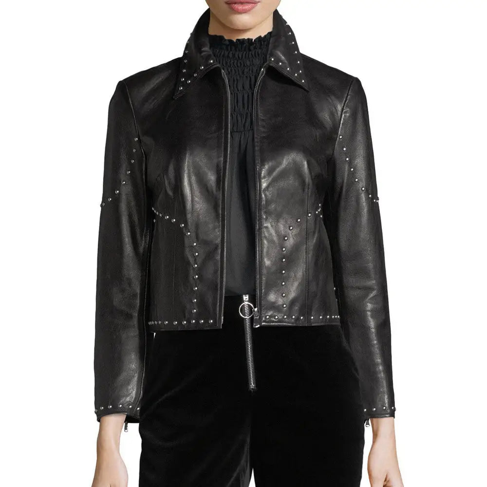 Women’s Cropped Studded Leather Biker Jacket