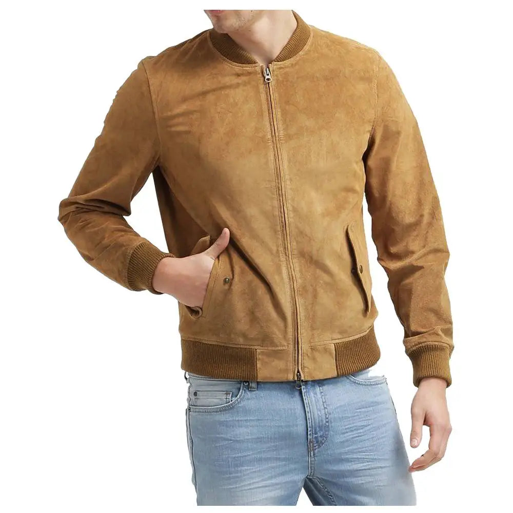 Men’s Tan Suede Leather Bomber Jacket