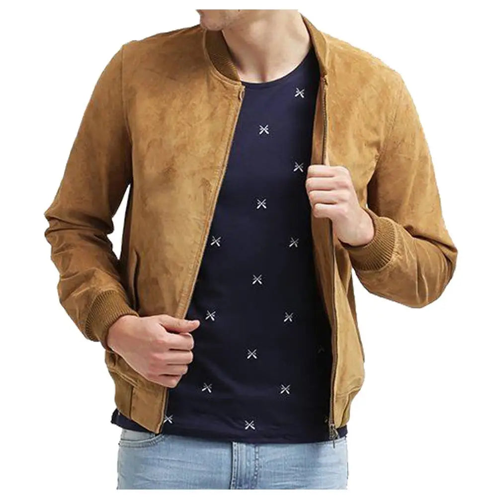 Men’s Tan Suede Leather Bomber Jacket