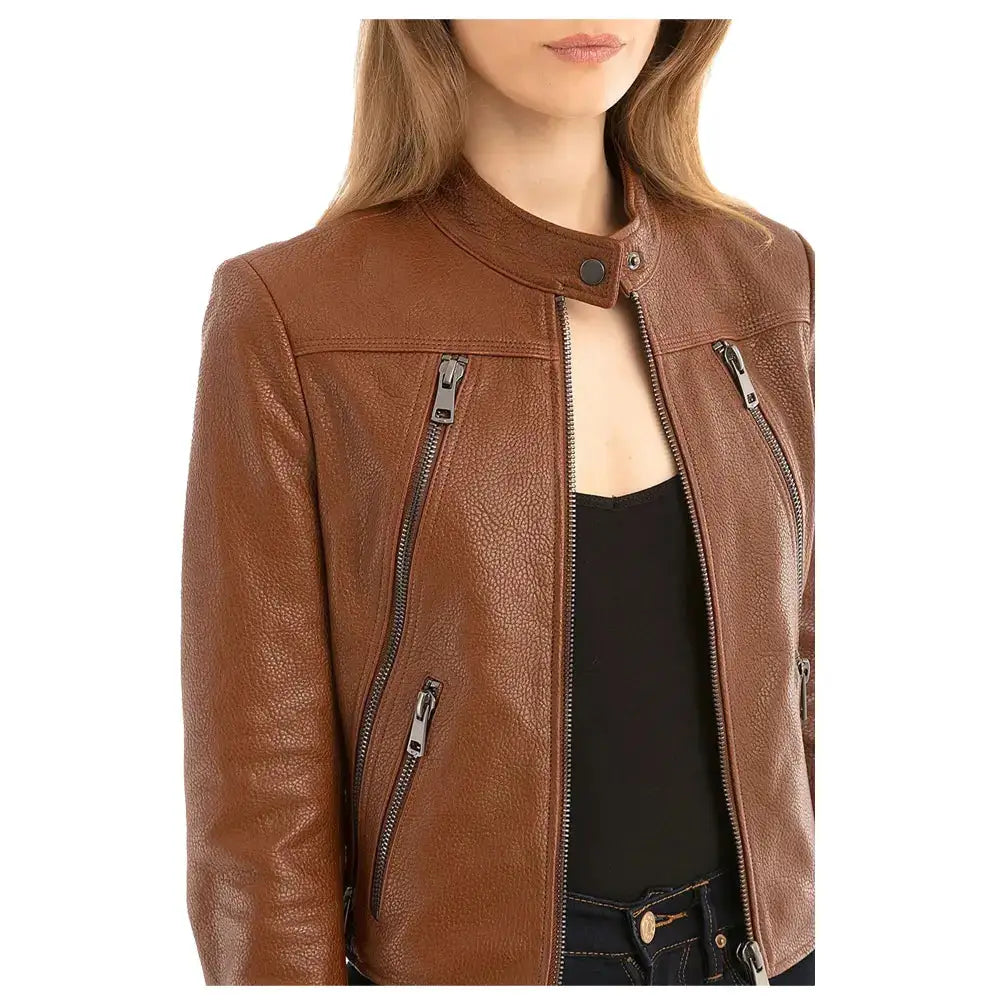 Women’s Slim Fit Fashion Brown Biker Leather Jacket
