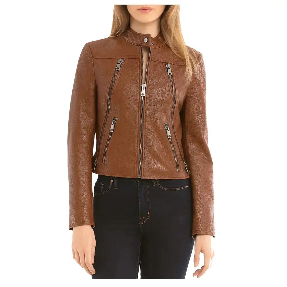Women’s Slim Fit Fashion Brown Biker Leather Jacket