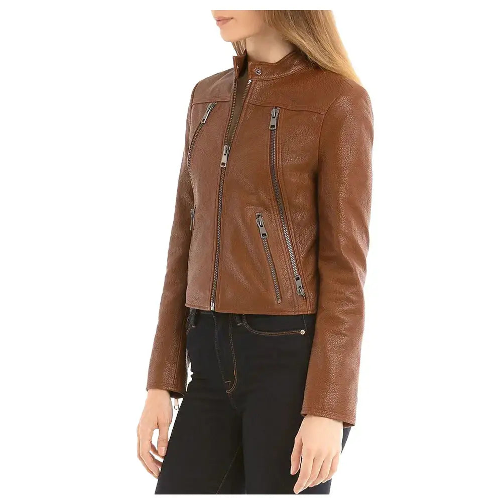 Women’s Slim Fit Fashion Brown Biker Leather Jacket